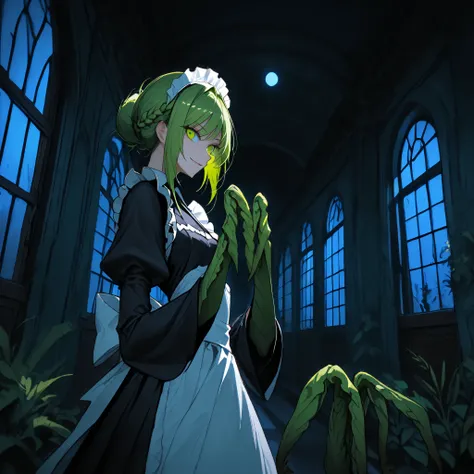 1 girl, One, mantis girl, mantis maid, small breasts,  smile, green eyes, short hair ,  hair bun  ,  back, one bundle ,  braid bundle ,  aristocratic hairstyle,  green hair, Соблазнительная smile ,  maid headdress , ((( maid dress))), ((extra long sleeves)...