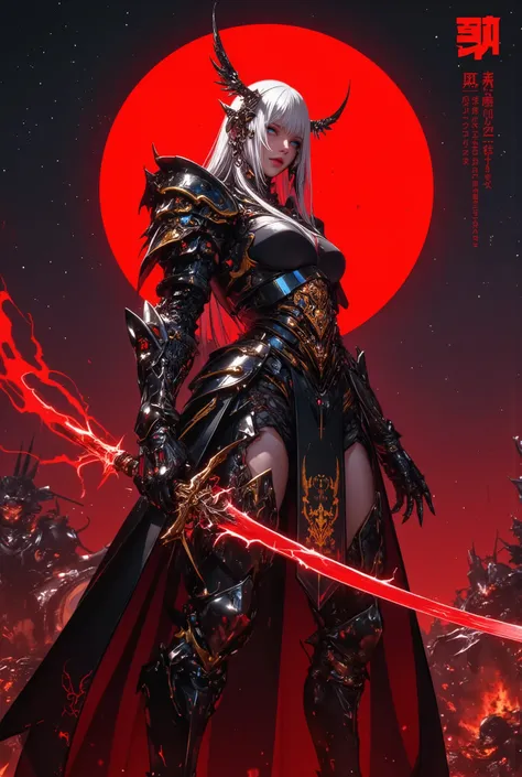 A Sophisticated Woman Wearing Black Armor and a Sword(( top quality)),( Ultra-fine ),(Super Detailed),( detailed description)((  highly detailed fantasy art  ))), dark fantasy art , gothic art,Maxi Kit, full body, wide shot,BREAK、 Shiny silver hair with hi...