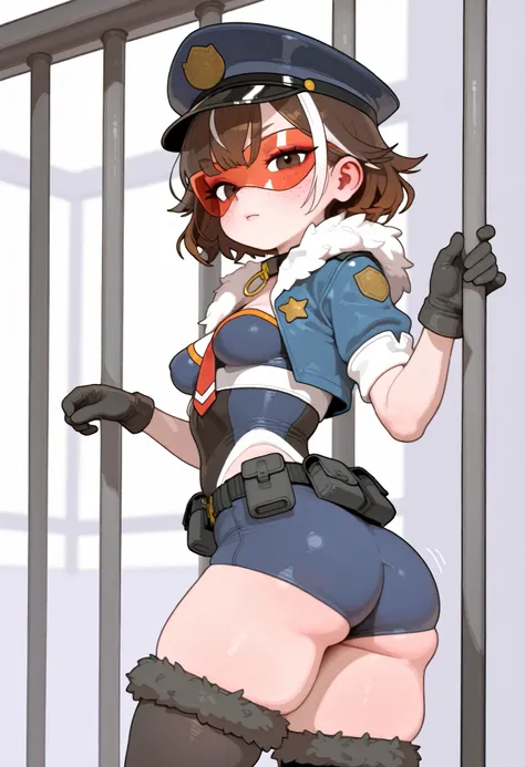 score_9, score_8_up, score_7_up, score_6_up, 1girl, young model, disapproving expression, (short brown hair), uneven bangs, straight hair, (wavy hair tips), (((brown hair with white highlights))), ((white hair flaps)), ((detailed superheroine outfit)), ((t...