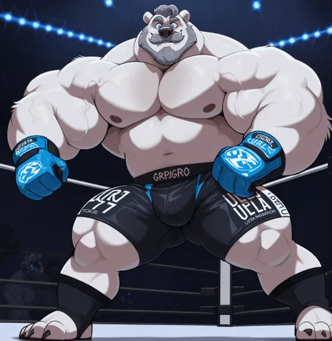 huge swole muscular polar bear in UFC MMA Tournament, big Lou Ferrigno body-like, grunts, polar bear, huge white fur, thick arm, huge arm, thick neck, added thick mustache with beard, Short gray hair, (veiny swole muscular, veiny swole pectoral, wide pecto...