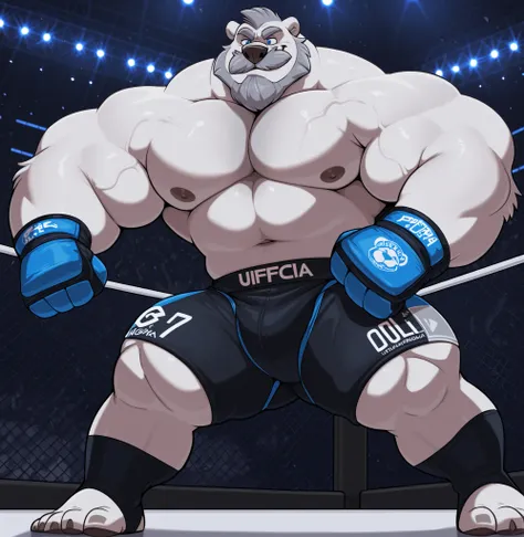 huge swole muscular polar bear in UFC MMA Tournament, big Lou Ferrigno body-like, grunts, polar bear, huge white fur, thick arm, huge arm, thick neck, added thick mustache with beard, Short gray hair, (veiny swole muscular, veiny swole pectoral, wide pecto...