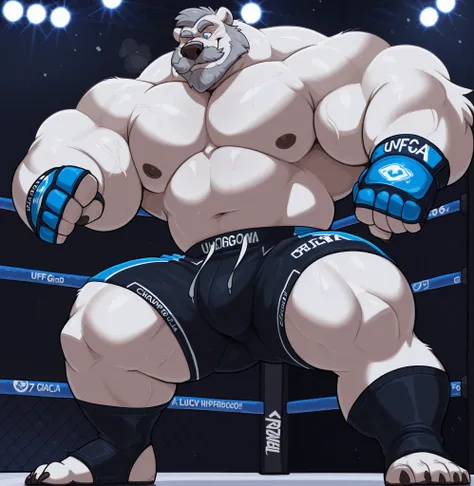 huge swole muscular polar bear in UFC MMA Tournament, big Lou Ferrigno body-like, grunts, polar bear, huge white fur, thick arm, huge arm, thick neck, added thick mustache with beard, Short gray hair, (veiny swole muscular, veiny swole pectoral, wide pecto...