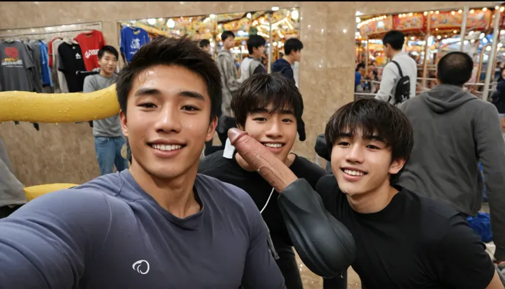 （Chinese handsome guy：1.5）， Two Men at an Amusement Park，night，Male Gesture ，  realistic details  ， Realistic photos，Textured Skin， looking at the camera ，18-year-old boy,studio, score_9, score_8_up, score_7_up, masterpiece, 1boy, 18 y.o,  Rory asyari, nak...