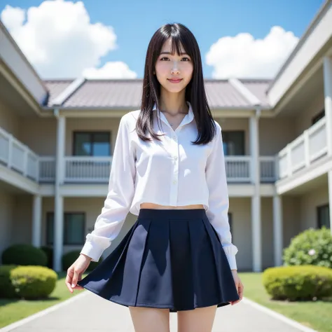 an Alafif Asian woman in a skirt and white shirt posing for a photo shoot , Japanese school uniform , Japanese high school girl uniform , wearing Japanese school uniform , Young Gravure Idol , realistic Young Gravure Idol , young cute gravure idol , seifuk...