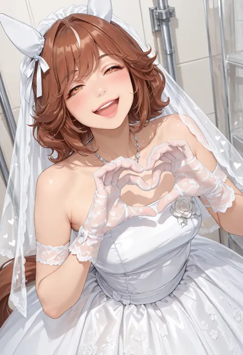 (masterpiece, best quality, perfect face:1.4), wide angle, haiseiko \(umamusume\), 1girl, brown hair, orange eyes, white ear covers, horse ears, white ear ornament, horse tail, tail on the lower back, proportional body, proportional,1 girl, beautiful hair,...