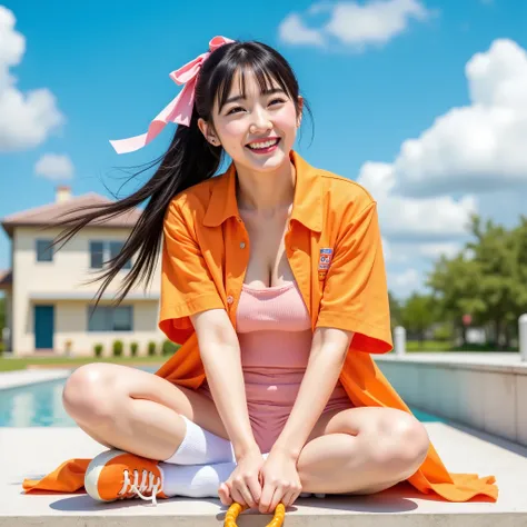 one person , Gal、makeup、orange shoes、sitting、null、cloud、outdoor、black hair、上方fromの眺め、Blue Sky、white socks、Daytime、 Orange jacket、Building、 Short sleeve 、Reef、long hair、Stage、red headband、Pump rope、 ponytail、tied with a pink ribbon、曇りnull、from_Down、wide_sho...