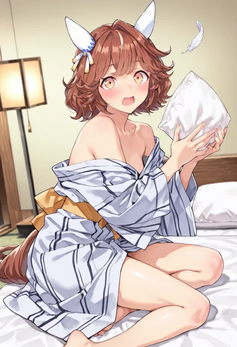 (masterpiece, best quality, perfect face:1.4), wide angle, haiseiko \(umamusume\), 1girl, brown hair, orange eyes, white ear covers, horse ears, white ear ornament, horse tail, tail on the lower back, proportional body, proportional,1 girl, beautiful hair,...
