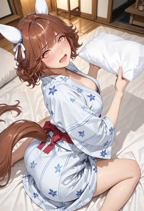 (masterpiece, best quality, perfect face:1.4), wide angle, haiseiko \(umamusume\), 1girl, brown hair, orange eyes, white ear covers, horse ears, white ear ornament, horse tail, tail on the lower back, proportional body, proportional,1 girl, beautiful hair,...