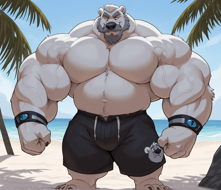 huge bulked up muscular polar bear in Californian beach, big grunting noise, big bulked up flexing body, polar bear, huge white fur, thick arm, huge arm, added gray mustache, added gray beard, short white hair, weight: 440lbs, (veiny bulked up muscular, pe...