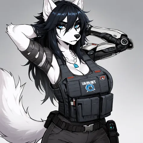 Source_furry,  (((1girl))), furry, anthro, white fur wolf, star wars, bounty hunter, cleavage, long black messy spiky black hair, blue eyes, bulletproof vest, black eye shadow, black eyeliner, tall, curvy body, athletic build, robot left arm, robot left ha...