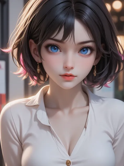 1 girl, blue eyes, bob short hair, black pink hair color tone, white shirt with collar, open button, cleavage, depth of field, first-person view, f/1.8, 135mm, Nikon, UHD, retina, masterpiece, accurate, anatomically correct, textured skin, super detail, h...