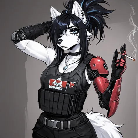 Emo Hairstyle,Source_furry,  (((1girl))), furry, anthro, white fur wolf, star wars, bounty hunter, cleavage, long black messy spiky black hair, blue eyes, bulletproof vest, black eye shadow, black eyeliner, tall, curvy body, athletic build, sliver robot le...