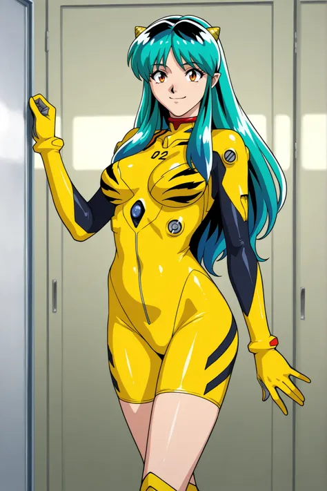 source_Evangelion,  cowboy shot, 最高品質。傑作。解剖学的に正確な。highly detailed eyes, perfect eyes, motherhood, ( solo, lumxl, lum,  long hair, green hair, aqua hair, multicolored hair, cone horns, mature female, orange eyes, smile, 大きな胸。standing, 両手を腰に当てる),  
(yellow b...