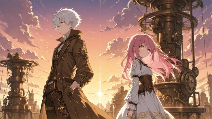 score_9,score_8_up,score_7_up,source_anime,hi-res illustration,cool boy (short white hair, yellow eyes, steampunk brown clothes) and cute girl (long pink hair, steampunk white clothes), standing back to back , sky world, clouds, sunset, masterpiece, high q...