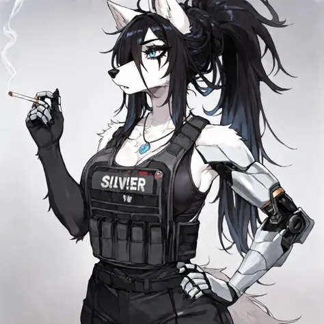 Long Emo Hairstyle,Source_furry,  (((1girl))), furry, anthro, white fur wolf, cleavage, long black messy spiky black hair, blue eyes, bulletproof vest, black eye shadow, black eyeliner, tall, curvy body, athletic build, sliver robot left arm, sliver robot ...