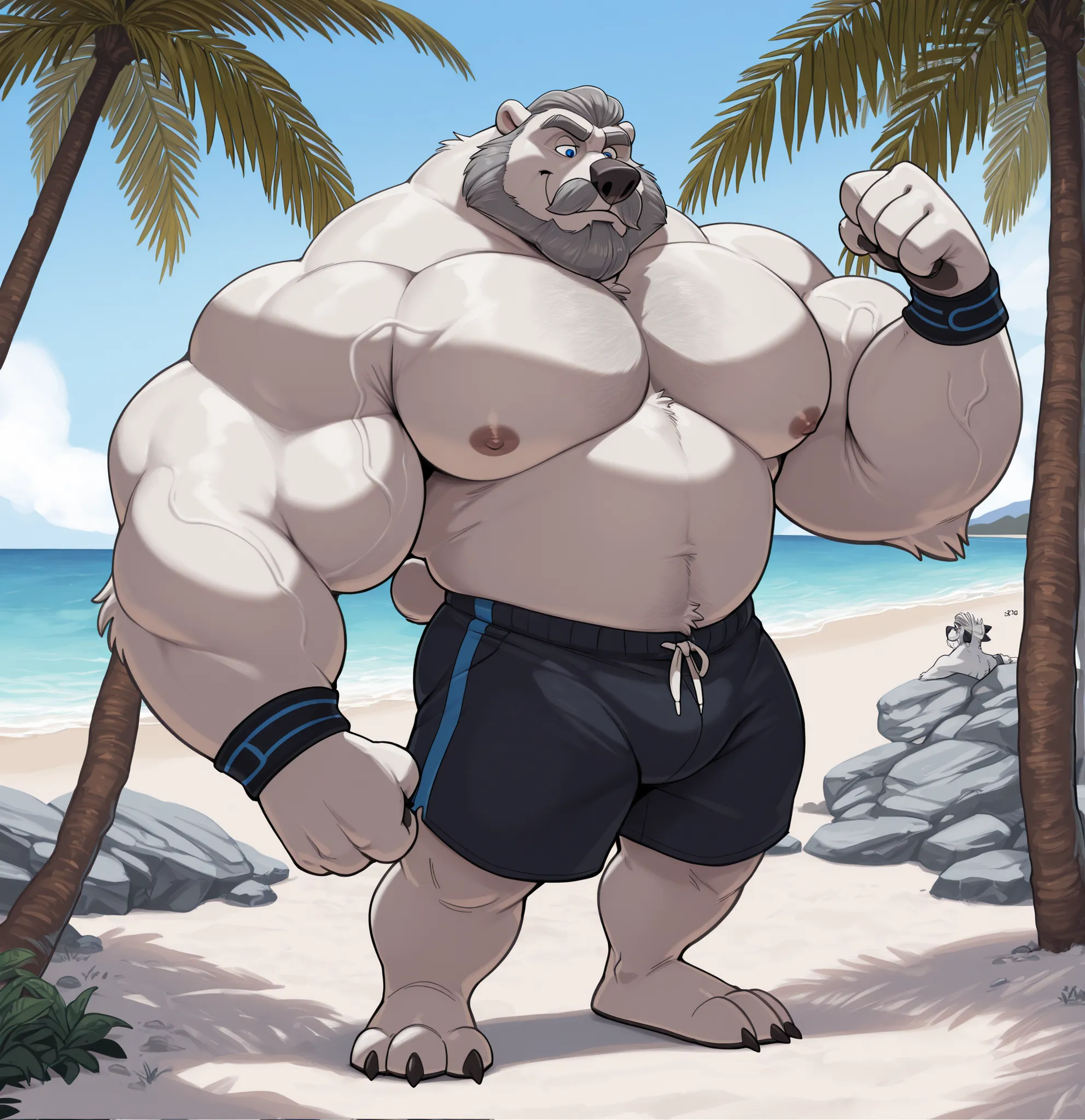 huge bulked up swole muscular polar bear in Californian beach, big grunts, big bulked up flexing body, polar bear, huge white fur, thick arm, huge arm, added gray mustache with beard, short gray hair, height: 7’2ft, weight: 579lbs, (veiny bulked up swole m...