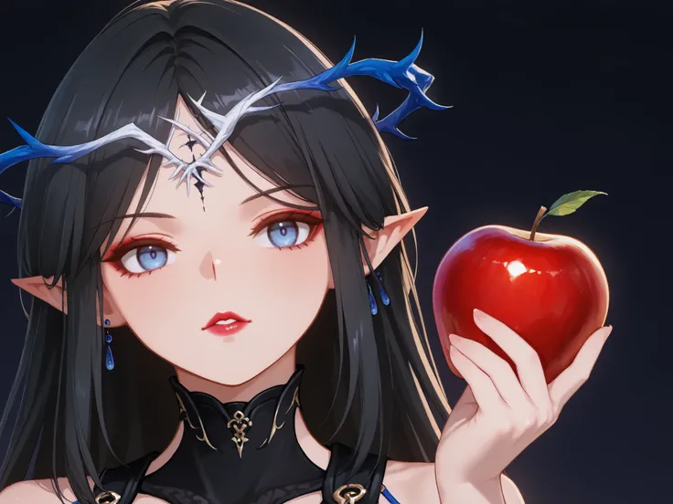 girl,long black hair，The Black Queen ，Accessories，apple in hand，Poison Apple，Witch Queen，red lipstick