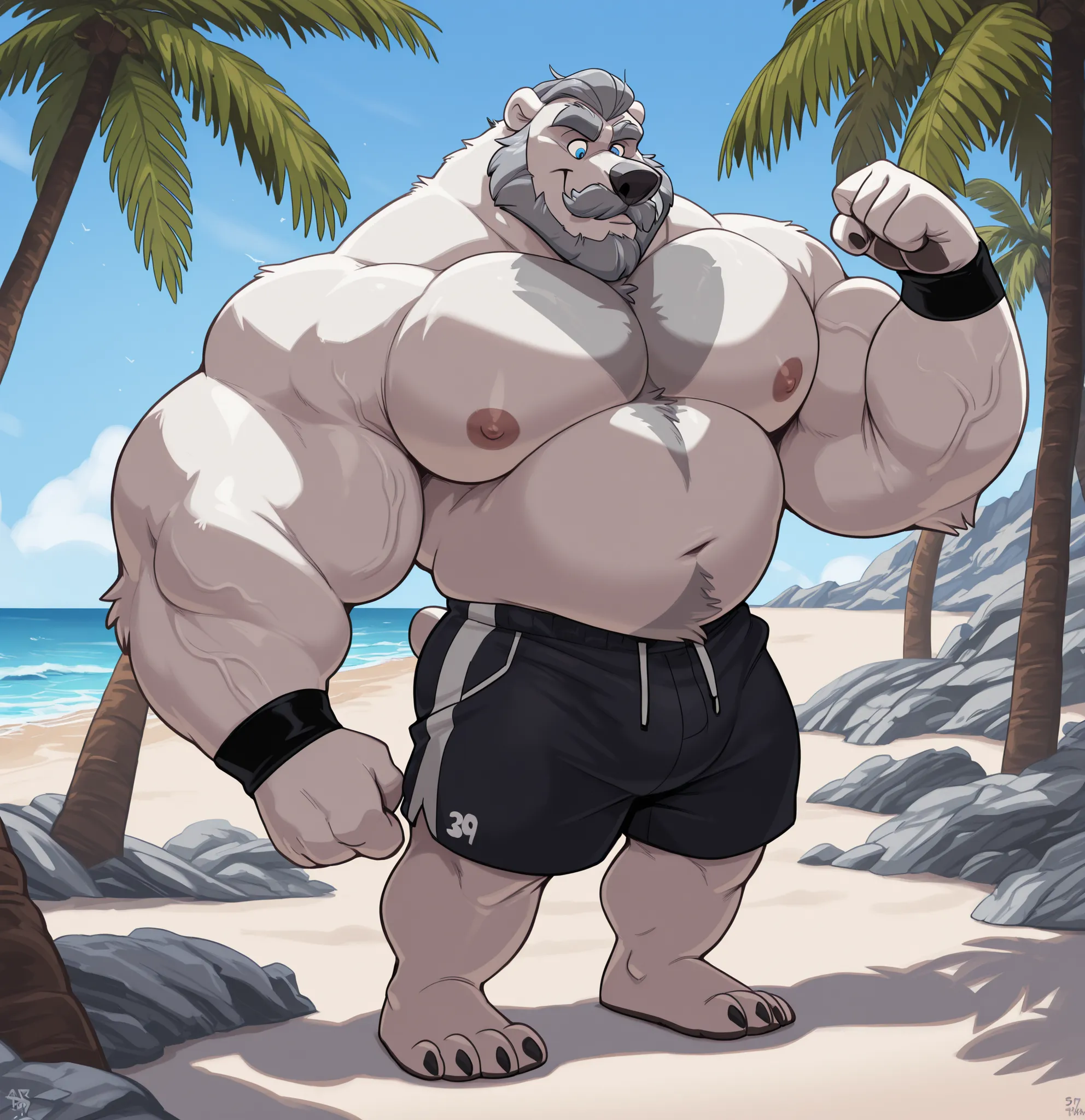 huge bulked up swole muscular polar bear in Californian beach, big grunts, big bulked up flexing body, polar bear, huge white fur, thick arm, huge arm, added gray mustache with beard, short gray hair, height: 7’2ft, weight: 579lbs, (veiny bulked up swole m...