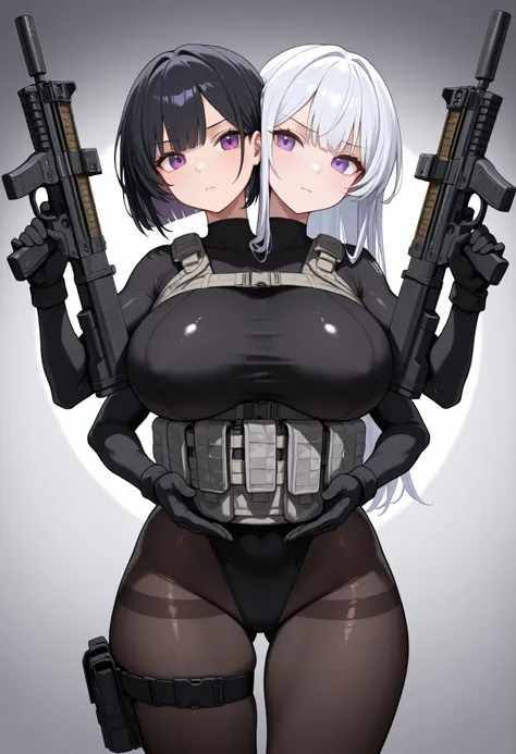 conjoined, 2girls, 2heads, two heads, a tall thin girls with 2 heads, white hair, black hair, short hair, long hair, purple eyes, large breasts, black leotard, black bodysuit, black pantyhose, bulletproof vest, loose black gaiters, black gloves, tactical g...