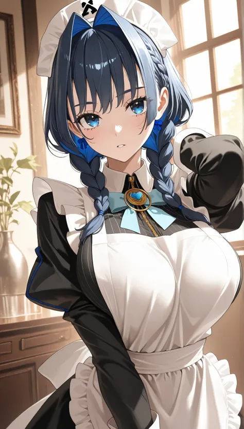 best quality,High Resolution, Masterpiece, HD, High Details, Super Detailed, 
 ouro_kronii ouro_kronii_(maid) commentary highres 1girl apron arm_up black_dress blue_eyes blue_hair braid _press  cleaning dress eyelashes hat indoors large_ long_hair looking_...