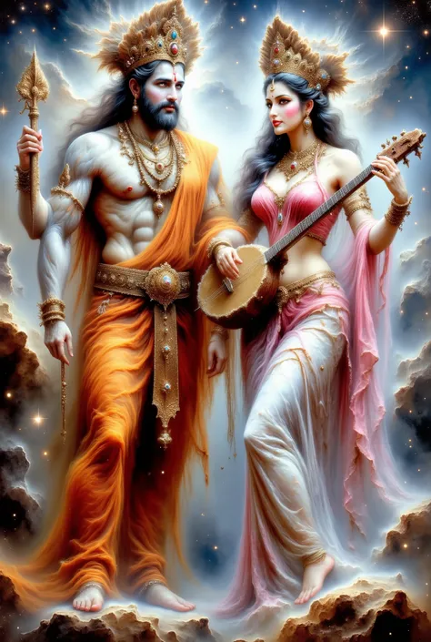 Hindu crowned gods Brahma and Saraswati standing full body, god brahma wearing an orange dhoti, jewellery, holding vedas, goddess Saraswati wearing a white saree, jewellery, pink blouse, holding sitar.