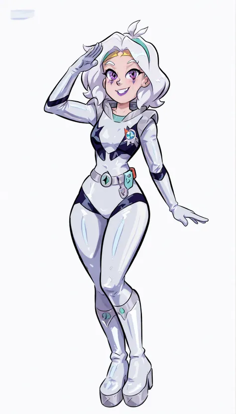 Girl, just a girl, wearing shiny silver space suit bodysuit, tall platform boots, retro antenna headband, futuristic belt, long white hair styled in swirls, purple eyes with alien makeup, smiling confidently with one arm raised in salute, plain white backg...