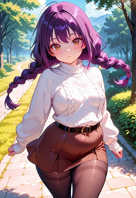 masterpiece, best quality, high resolution, source_anime, highly detailed illustration, detailed eyes, very aesthetic, absurdres, newest, amazing quality, anime screencap, anime coloring, 1girl, solo, low twin braids, long braids, purple hair, brown eyes, ...