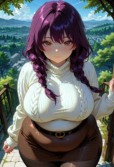 masterpiece, best quality, high resolution, source_anime, highly detailed illustration, detailed eyes, very aesthetic, absurdres, newest, amazing quality, anime screencap, anime coloring, 1girl, solo, low twin braids, long braids, purple hair, brown eyes, ...
