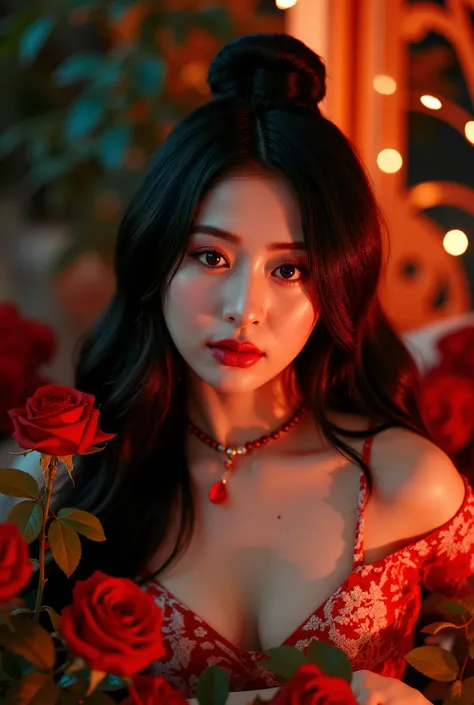 An award-winning high-quality, realistic professional image of An award-winning high-quality, realistic professional photograph, An Asian Princess Sexy in the darkness of night- in the style of light orange and dark aquamarine, exaggerated facial features,...