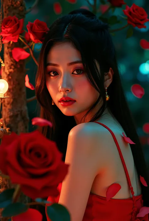 An award-winning high-quality, realistic professional image of An award-winning high-quality, realistic professional photograph, An Asian Princess Sexy in the darkness of night- in the style of light orange and dark aquamarine, exaggerated facial features,...