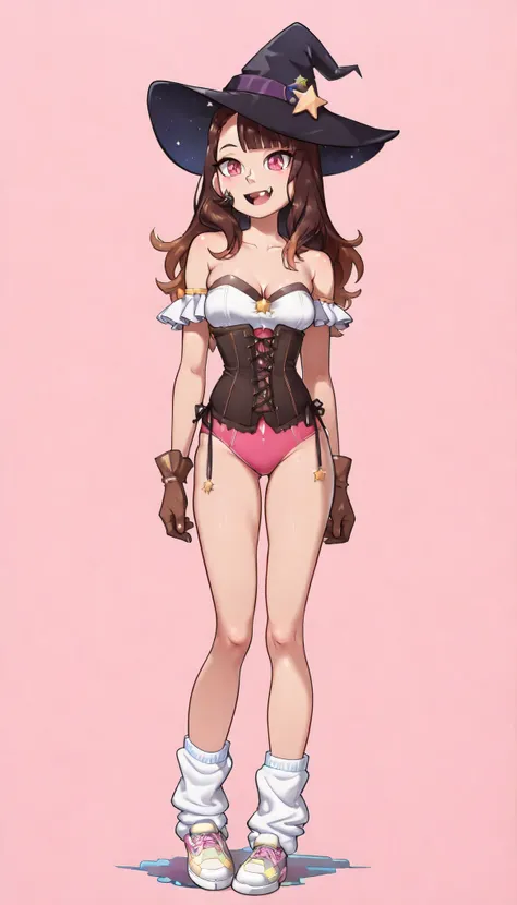 (((high quality))), (simple background), single, full body, standing, 1girl, witch hat, long hair, side bangs, brown hair, Pink gradient hair, Red Eyes, dressed with ruffles, bare shoulders, mangas cortas, corset, Gloves, loose socks, , star (symbol), happ...