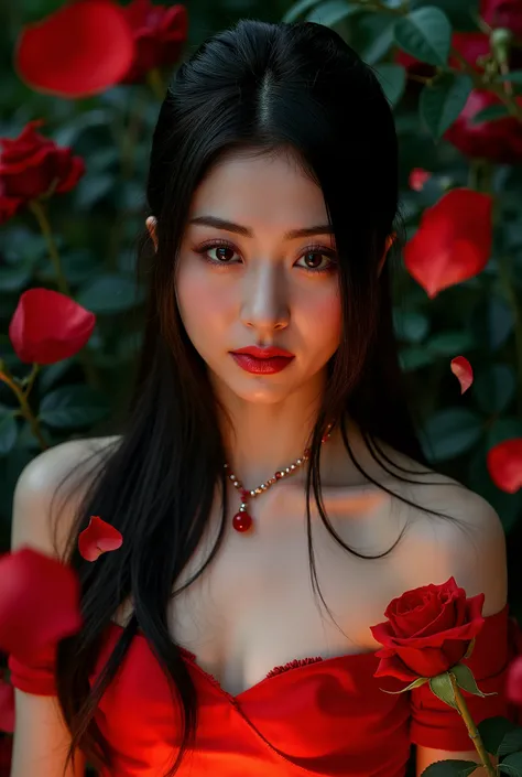 An award-winning high-quality, realistic professional image of An award-winning high-quality, realistic professional photograph, An Asian Princess Sexy in the darkness of night- in the style of light orange and dark aquamarine, exaggerated facial features,...