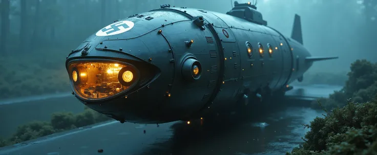 A nazi submersible device that changes into a robot that can move on dry land. The swastika can be seen lit up from the inside, on 6he side, the front and the back. High tech, cutting edge submarine that resembles a giant shark ir aquatic animal.bShocking,...