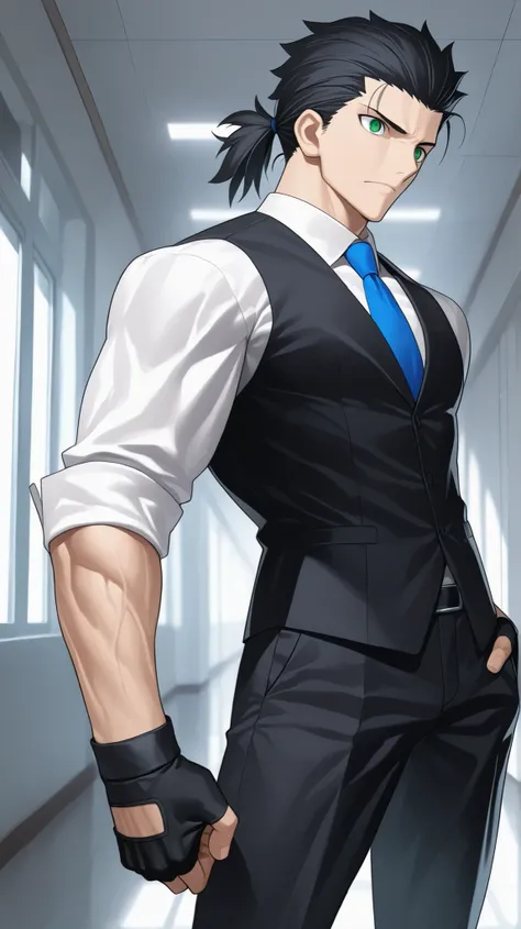 absurdres, (((Ultra HD))), (((Ultra High Quality))), ((hyper detailed)), ((Ultra High Resolution)), (Highly rendered), ((detailed eyes)), (((8K))), ((perfect face)), ((masterpiece)), cinematic, solo, 1boy, tall, muscular, black hair, green eyes, slicked ba...