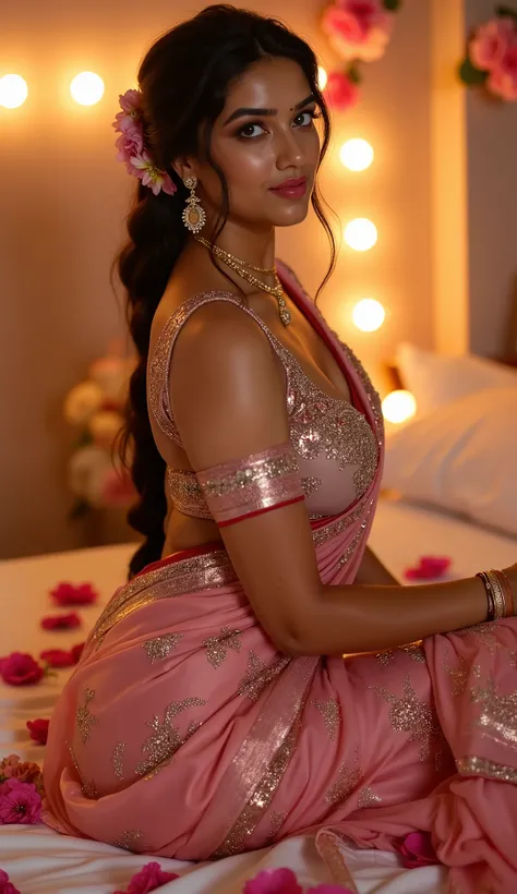   hot sexy short south indian curvy and volptuous milf with long single plaited hair,with flowers, big breast, big hip, big ass, sexy bridal transparent saree,sitting on flower bed in wedding decorated bedroom, night time, bright tubelights on, ultra hd ph...