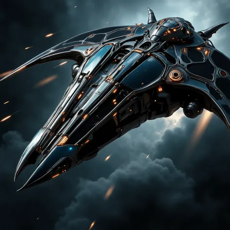An extremely detailed comic book illustration of a science fiction star ship with a dynamic flowing design sweeping bladed curves and lines in shades of dark teal and ice blue against a deep navy background space like background whose composition has a str...