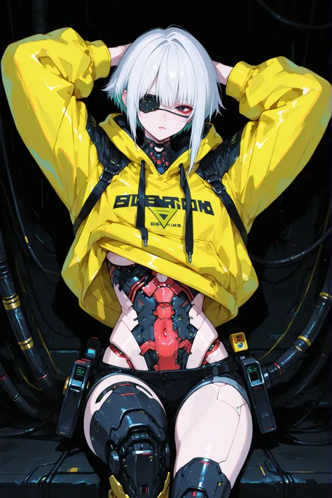 Create a detailed illustration of a cute, anime-style girl with a futuristic, cyberpunk vibe. She has short, white hair with a playful, winking expression, and one eye is covered with a black eye patch. She wears a bright yellow oversized hoodie with black...