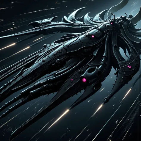 An extremely detailed comic book depiction of a giant mechanical space ship with an elongated head in the shape of a beetle with an insect-like or alien appearance with a visor that glows with a deep pink light giving an eerie and captivating look and mand...