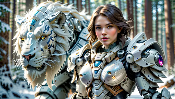 Realistic girl in robotic armor riding a lion wearing robotic armor in ice forest