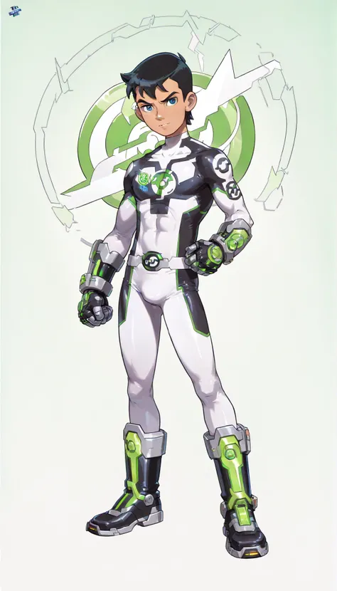 (Ben Tennyson from Ben 10), ((High quality)), (1guy), age, male, 1male, full bodysuit, hero bodysuit, Three-Tones Hero bodysuit, Green, white and black colored bodysuit, Omnitrix logo on the chest, metallic toe boots, metallic gauntlets, Tight bodysuit, In...