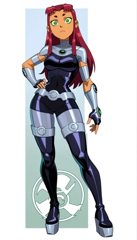 (Invincible Style), (Starfire from  Titans), ((Very High Quality)), 1 girl, redhead, green eyes, light green sclera, orange complexion, Two-toned leotard, Black and Green Leotard, Metallic Belt, Belt with Omnitrix Logo, Belt, Platform Thigh Boots, Dual-ton...