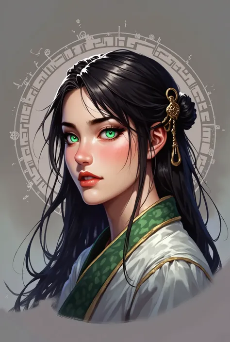 Masterpiece, (best quality), high resolution, beautiful details, solo, Woman, beautiful eyes, Korean facial features, black hair, long hair, straight hair, pale skin, green eyes, dudgeons and dragons monk, lean athletic body, marital arts outfit, adventure...