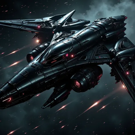 An extremely detailed comic book depiction of a sleek stealth corvette space ship with an elegantly bladed organic looking chitinous build with an insect-like alien appearance giving an eerie and captivating look with a black metallic body and black joint ...