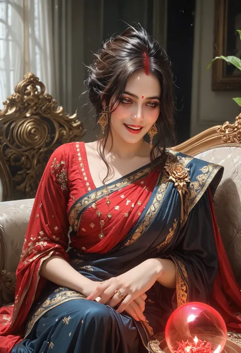 LeBlanc from League of Legends, reimagined in a semi-realistic art style. She sitts poised in a dimly lit Noxian chamber, her elegant red saree flowing around her. Her voluminous cape billows with an unseen breeze, and her redesigned scepter, adorned with ...