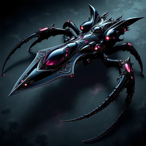 An extremely detailed comic book depiction of a sleek stealth corvette space ship with an elegantly bladed organic looking chitinous build with an insect-like alien appearance giving an eerie and captivating look with a black metallic body and black joint ...