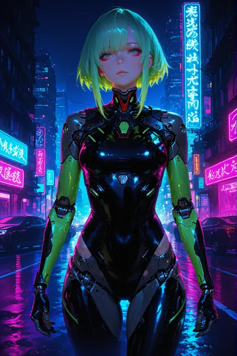 cyborg girl with long green hair,rides a black sports bike through the streets of Tokyo at night, Cyborg costume,fantastic cyberpunk landscape,night atmosphere,neon lights,high detail,realistic rendering,photorealistic text,4K,HDR,professionally made illus...