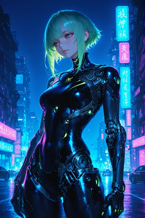 cyborg girl with long green hair,rides a black sports bike through the streets of Tokyo at night, Cyborg costume,fantastic cyberpunk landscape,night atmosphere,neon lights,high detail,realistic rendering,photorealistic text,4K,HDR,professionally made illus...