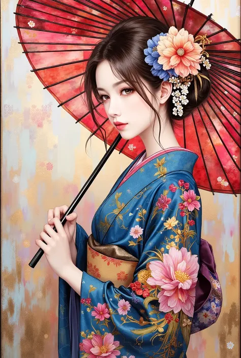 (top quality, high resolution, greatest masterpiece:1.4),Girl with a Japanese Umbrella、wearing a beautiful Japanese kimono、colorful chrysanthemums。pastel background、Oil Painting and Digital Art、Delicate and Bold Details、  Impressive Works of Art  。stained ...