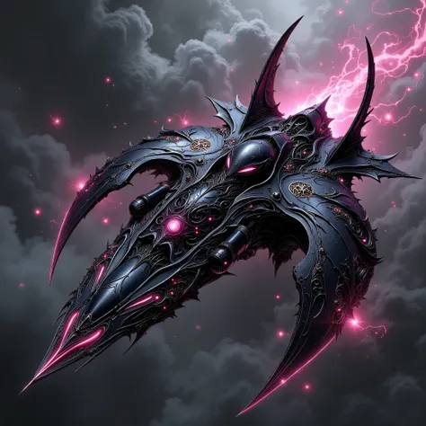 An extremely detailed comic book depiction of a sleek stealth corvette space ship with an elegantly bladed organic looking chitinous build with an insect-like alien appearance giving an eerie and captivating look with a black metallic body and dozens of bl...