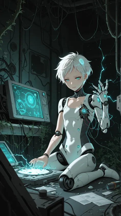 masterpiece, best quality, amazing quality, BREAK (by Hakika:0.55), (by Criis-Chan:0.7),(by dino \(dinoartforame\):0.4), phiv, 1girl, white hair, short hair, aqua eyes, flat chest,electricity, cybernetic augmentation, robotic arm, glowing circuits,exposed ...